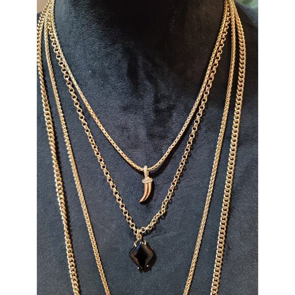 Women's Layered Gold Chain Necklace With Black Charms Lobster Lock Jewelry - Picture 4 of 7